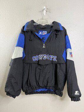 VTG Cowboys NFL Starter Jacket Small Unisex  Boxy Black and Blue 90s EUC